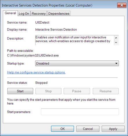 Disabling Interactive Service Detection Service The Properties dialog box opens.