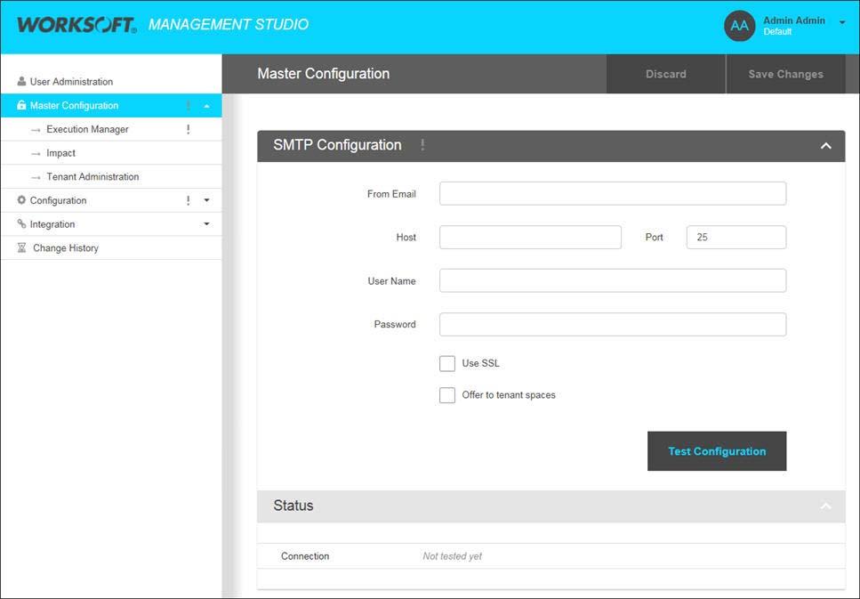 Configuring Services Configuring Services The Configuration tab in the Worksoft Management Studio is where you will configure your email service and LDAP authentication service.