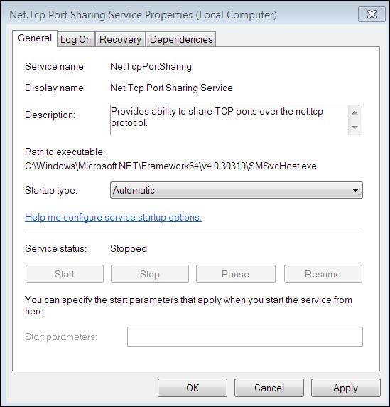 Enabling and Starting Net.TCP Port Sharing Service The Properties dialog box opens.
