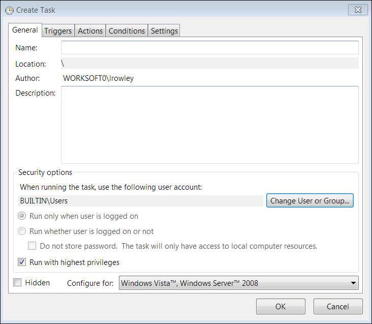 Create a Task in Windows Task Scheduler The dialog box closes, and BUILTIN\Users appears in the User Account field.