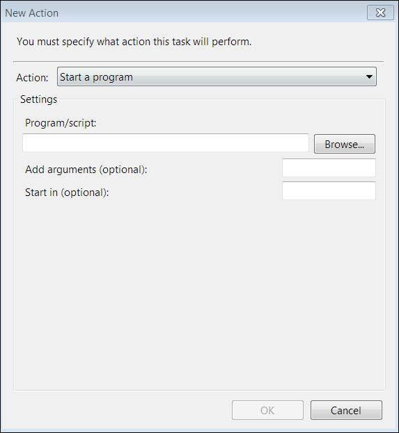 Create a Task in Windows Task Scheduler 15 To create a new action, click the New button. The New Action dialog box opens. 16 From the Actions drop-down list, select Start a program.