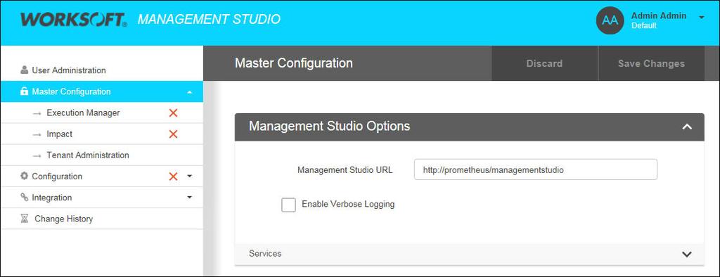 To configure your database in the Worksoft Management Studio: 1 Open the Worksoft Management Studio on your web server by navigating to the following address: http://localhost/managementstudio.