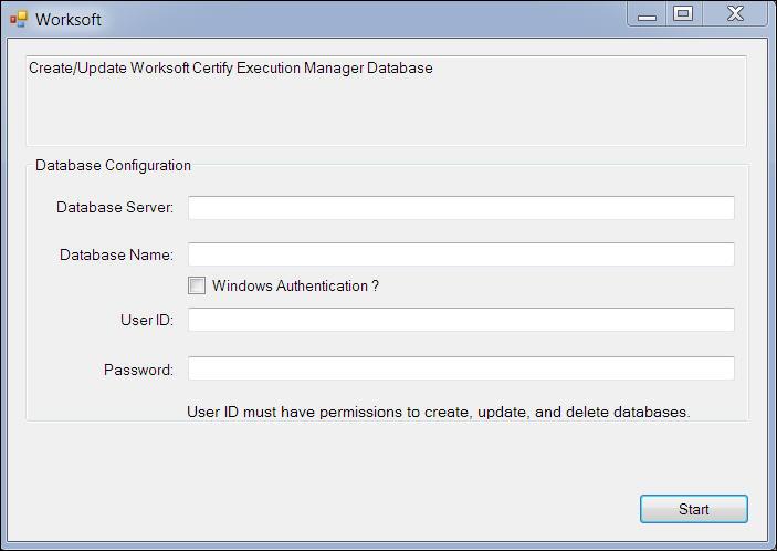 Creating or Updating a Certify Execution Manager Database 3 In the Apply tool s text fields, type in the following database connection information: Database server name Database name 4 Do not select
