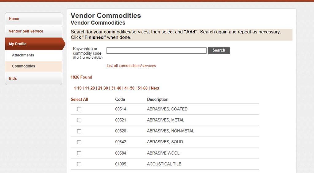2. Search and select your commodities: 1. Search for your commodities by entering in a key word(s) in the search box, and clicking search. 2.