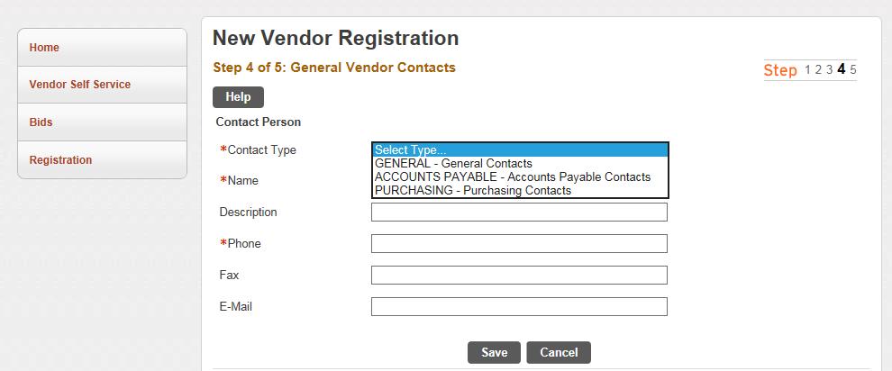 Part 1: Step 4 1. Enter in your company s contact person(s) by clicking New Contact. 2. You will be redirected to the General Vendor Contacts page as
