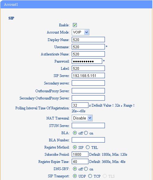 4. Chose Account1 to edit, click on Account1.The setting page of SIP is shown in Figure2. Figure 2 1) Enable: check the box to activate the account.