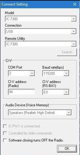 Remote Control program - connection settings connection type USB and speed 115200, C-IV address 94 and the com port is the one displayed in the Windows device manager under the Silicon Labs CP210x