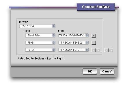 FE 8 Use With Digital Performer First, install the DP plug in V 1.10, included on the CD (or separately downloaded from the TASCAM web site). 1. Open the Control Surface window (shown below) under the Setup menu.