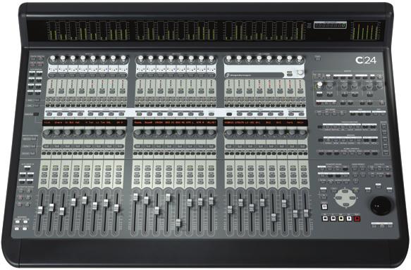 The C 24 has 24 bankable channel strips, each with a touch-sensitive, motorized fader and dedicated Mute, Solo, Select, Input, Record, EQ, Dynamics, Insert, Send, and Automation buttons.