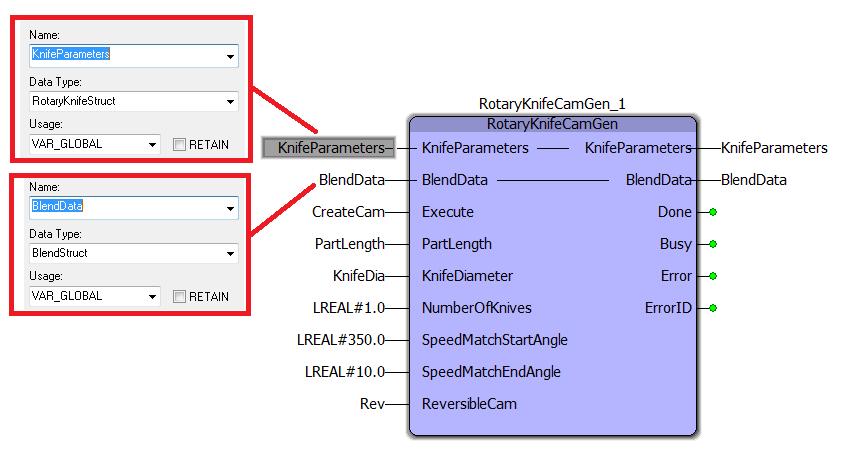 3. Generating cam profiles The user has two options for creating cam tables: 1) Use the RotaryKnifeCamGen function block which generates all necessary cam tables.
