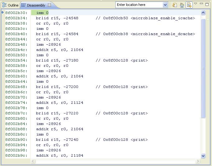 X-Ref Target - Figure 21 UG915_21_072512 Figure 21: Disassembly View Registers View In the Registers View shown in Figure 22, the RPC register (the program counter) contains the address of the