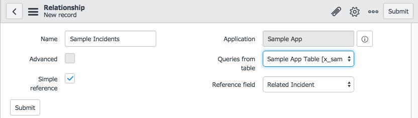 5. 6. If your application already contains a reference field to the table, click Simple reference otherwise go to step 8. Enter the following field values.