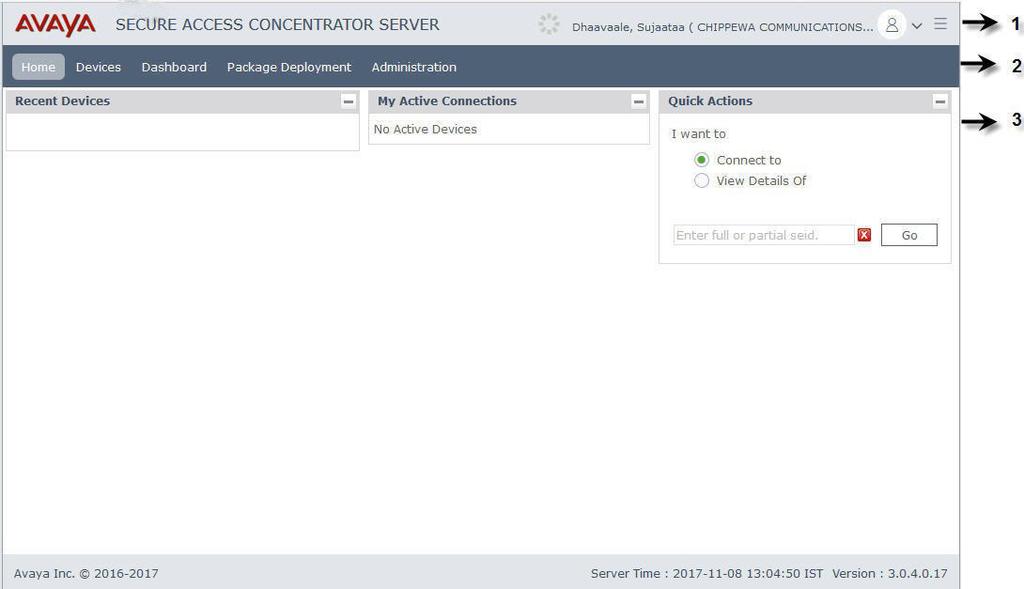 Interface of SAL Hosted Concentrator The Home page is the landing page of the SAL Hosted Concentrator web interface. The following is the Home page for an Administrator. No.