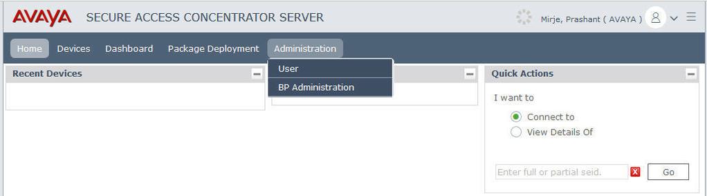 SAL Hosted Concentrator web interface Avaya Administrator For Avaya Administrator, the Administration tab consists of the following menu: User BP