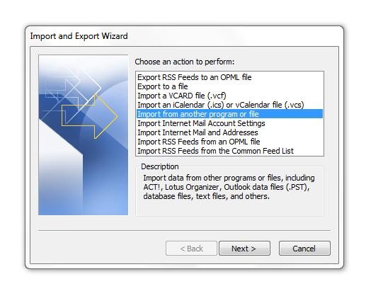 Starting the Import and Export Wizard The Import and Export Wizard window will display Click and choose