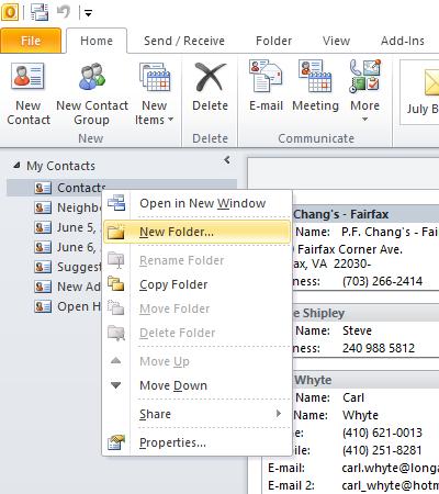 How to Create Subfolders Below Your Main Folder in Outlook 1. In Outlook 2010 go to Contacts 2.