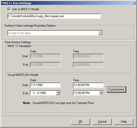 In this dialogue you will select the proper settings to run MIKE 11 with Visual MODFLOW.