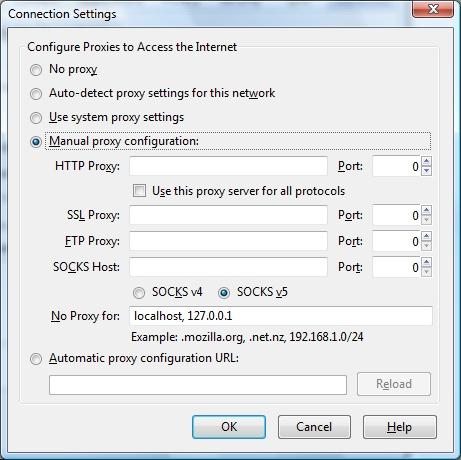 Figure 25. Connection Settings in Firefox 4. Select Manual proxy configuration.