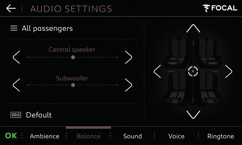 HCI INSTRUCTIONS BALANCE SCREEN: By pressing All passengers (default setting), you will access the drop-down menu with the pre-defined audio balance settings.