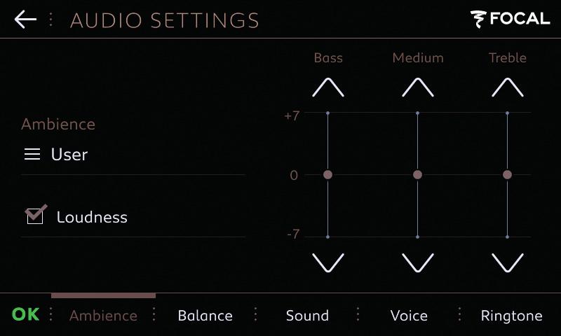 NOMINAL SETTINGS FOR FOCAL S SOUND SIGNATURE The system s default settings are configured with the nominal settings and with the Loudness on, that s to say: AMBIENCE SCREEN: Ambience Eq: User