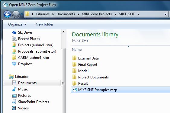 MIKE SHE 2.2.3 Open the default examples project After you have started MIKE SHE you will navigate to the default location of the installed MIKE SHE Examples Project.