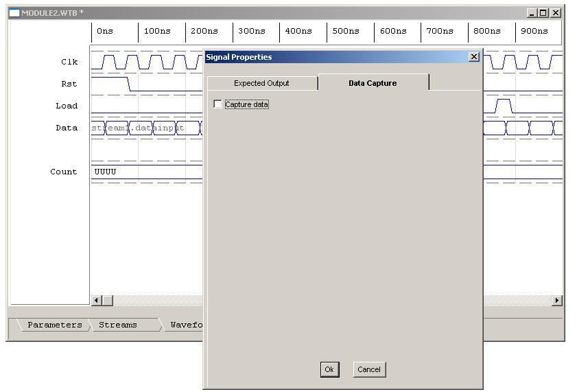 Graphical Waveform Editor 2. Double-click on the desired output signal in the Waveform tab to display the Signal Properties dialog box and click on the Data Capture tab.