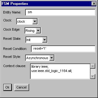 Setting State Machine Properties To set the global properties of the state machine: 1. Select FSM/Properties. The FSM Properties dialog box appears. 2.