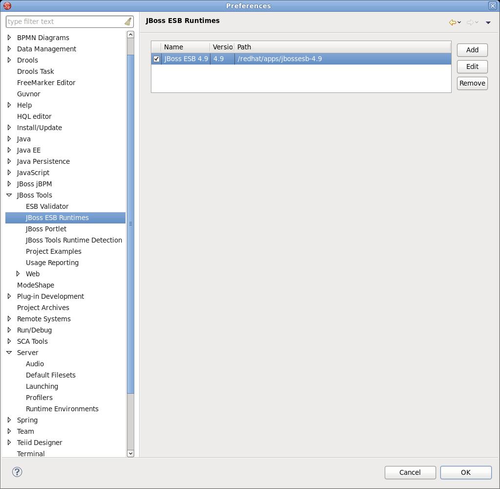 ESB Tools Reference Guide Figure 3.1. Runtimes 2. Select Add to open a dialog box where you can specify the JBoss ESB runtime location, name and version number.