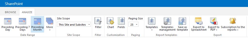 At the top of the page, you can find Browse and Analyze tabs. Analyze tab expands the ribbon with the tools to manage the generated report.