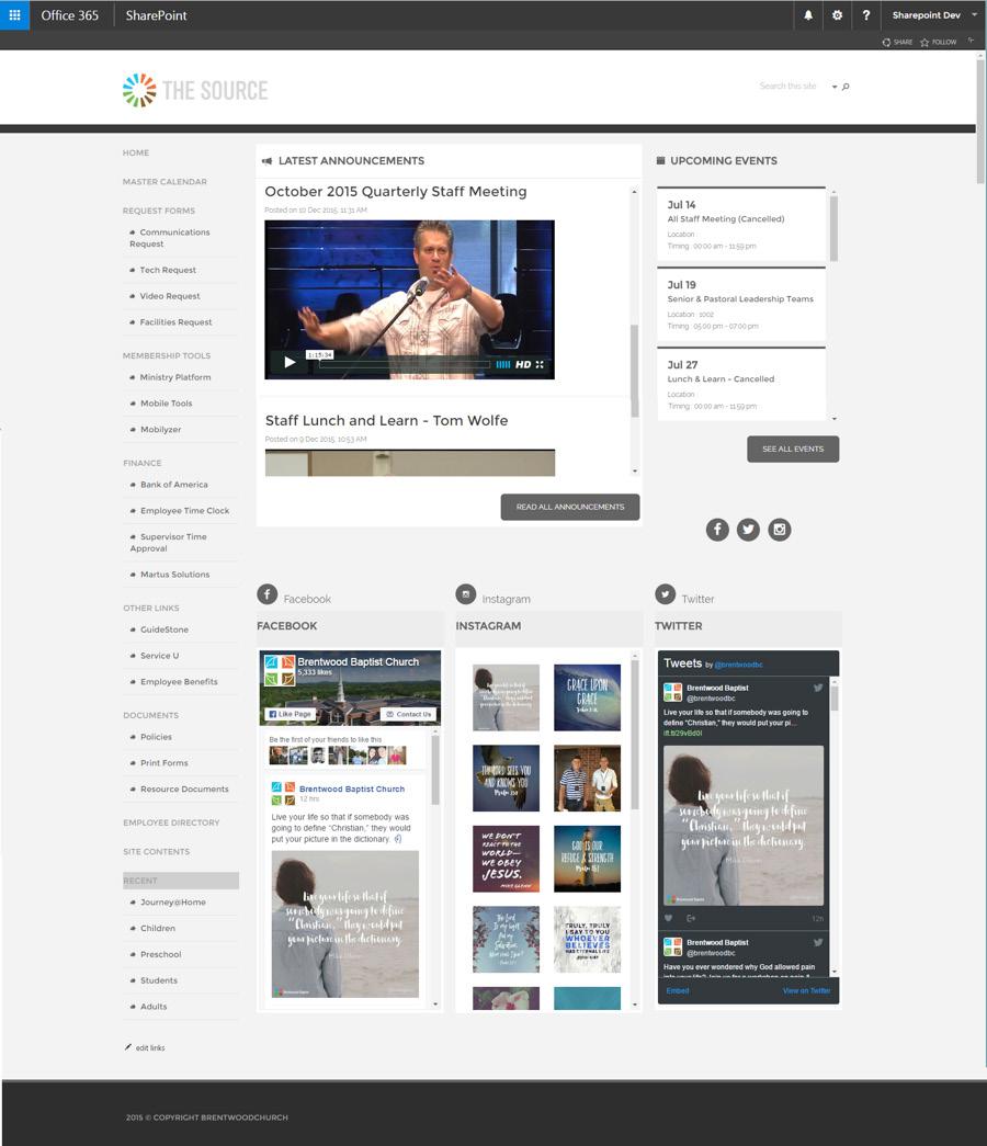 Brentwood Church s SharePoint homepage uses social media,