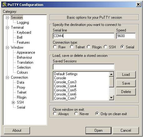 2. When the computer properly recognizes the USB-to-Serial Comm Port, open PuTTY. The PuTTY Configuration window will open first. 3. At Connection type, select Serial. 4.