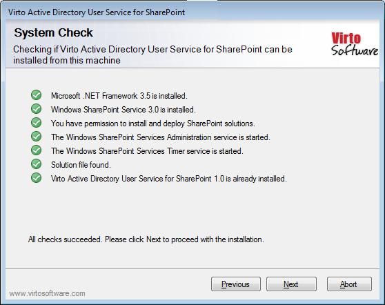 Virto SharePoint Active Directory User Service setup wizard performs a system check prior to the installation.