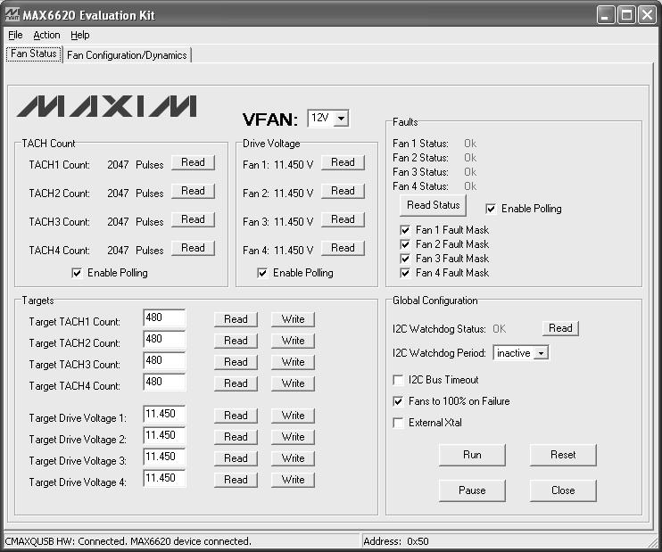 Detailed Description of Software User-Interface Panel The program s main window contains two tabs, Fan Status and Fan Configuration/Dynamics, which provide controls for the MAX6620 EV kit software s