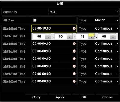 SECTION 7: RECORD, PLAYBACK AND VIDEO BACKUP c. Click Edit, or use the graphical method to apply recording modes to hours of the day. i.