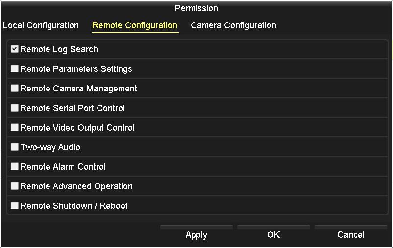 SECTION 9: MANAGING USER ACCOUNTS Remote Configuration options Remote Log Search: Remotely viewing logs that are saved on the NVR.