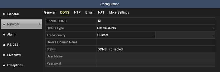 SECTION 10: NETWORK SETTINGS SimpleDDNS: Enter the account information in the corresponding fields. Refer to the SimpleDDNS settings. i. In the Device Domain Name text field, enter the domain obtained from the SimpleDDNS website: www.