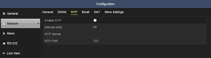 Go to Menu Configuration Network. 2. Click the NTP tab to open the NTP Settings menu. 3. Check the Enable NTP box to enable this feature. 4.
