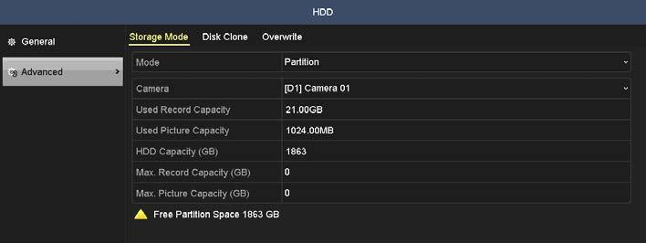 SECTION 12: MANAGING HDDS 1. Go to Menu HDD General. 2. Click Advanced to check the storage mode of the HDD. 3.