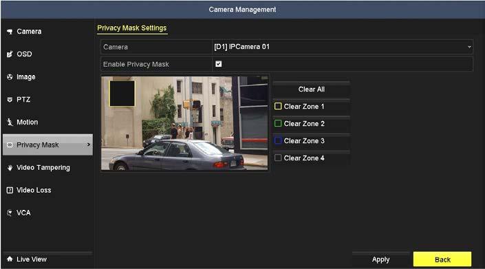 SECTION 2: INITIAL NVR SETUP 2.3.5 Camera Privacy Mask setup 1. Click Privacy Mask in the left frame to open the Privacy Mask submenu. 2. In the Camera field drop down list, select the camera you want to configure.