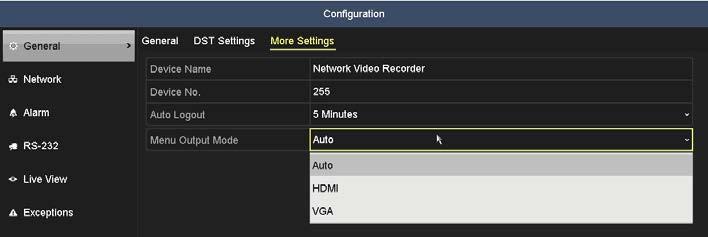 SECTION 4: LIVE VIEW INTERFACE Menu Output Mode provides three options: Auto: Main monitor mode is assigned to either the HDMI video output port or the VGA video output port.