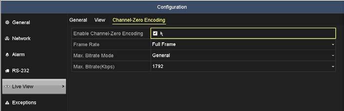SECTION 4: LIVE VIEW INTERFACE 2. Check the box to Enable Channel Zero Encoding. 3. Configure the Frame Rate, Max. Bitrate Mode and Max. Bitrate as needed. 4. Click Apply.