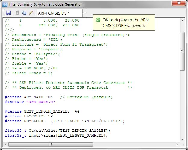 Select the ARM CMSIS DSP framework from the selection box in the filter summary window: The automatically generated C code based on the CMSIS DSP framework for direct implementation on an ARM based