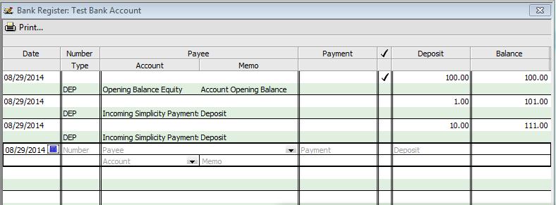 QuickBooks updated via the Web Connector with the new payment information: 33.