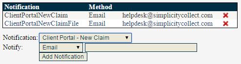 User Notification Settings In regards to the Client Portal, you can set up Simplicity to notify you when a Client enters a new claim into your database, or sends you a new file/portfolio to import.