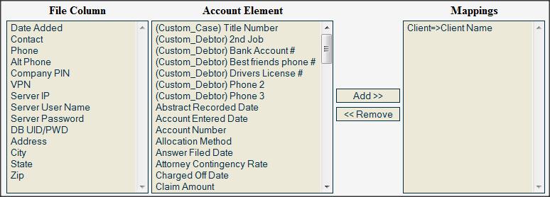 The exception to this is the Account Elements: Debtor Phone, Debtor Cell, and Debtor Fax. You can map multiple (unlimited) File Column fields to these elements. 9.