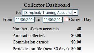 Collector Dashboard The Collector Dashboard shows you how many of your open accounts are generating money or are about to generate money, as well as your total commissions earned.