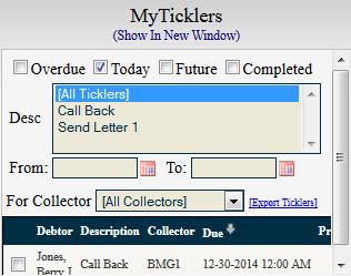 To open the account which the ticklers belongs to, click on the tickler from the list. To quickly mark a tickler as complete, click in the checkbox on the left side of the tickler.