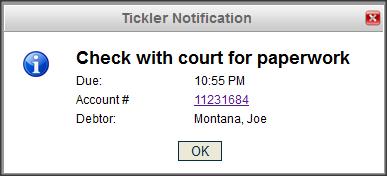 appropriate check box (overdue, today, future, completed) to view ticklers for the appropriate timeframe. You can also adjust the time frame you wish to view, via the From and To date fields.