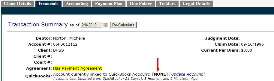Under the QuickBooks section of the Financials tab you will also notice one additional link that will help you manage your QuickBooks linked accounts. Each link will be described in detail below.