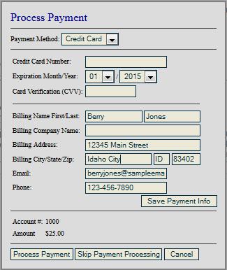 You also have the options to Save Payment Info. NOTE: SimplicityCollect is PCI compliant, so saved payment information is not stored on our servers, but rather on your Payment Processor s server.
